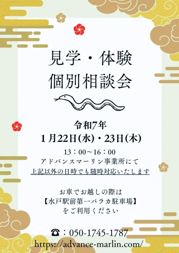 見学・体験
個別相談会
令和7年
1月22日（水）・23日（木）
13:00~16:00
アドバンスマーリン事業所にて上記以外の日時でも随時対応いたします
お車でお越しの際は【水戸駅前第一パラカ駐車場】
をご利用ください
©： 050-1745-1787
https://advance-marlin.com/